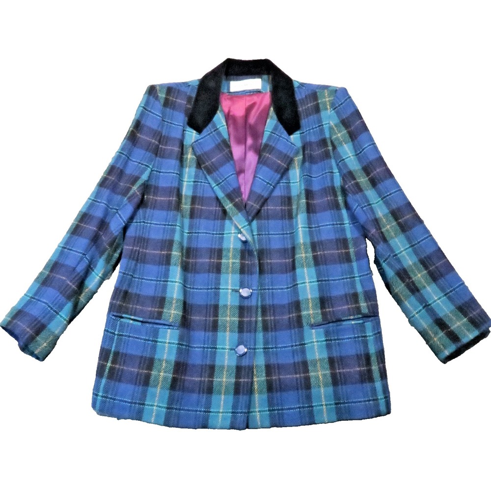 Dumas Blazer Womens 12P Blue Green Plaid Wool Vintage USA Preppy‎ Academia 90s